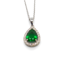 Sterling Silver Emerald CZ Pear Halo Pendant And Chain