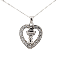 Sterling Silver CZ Heart Communion Medal And Chain