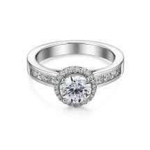 Sterling Silver CZ Halo Solitaire Channel Shoulders Ring