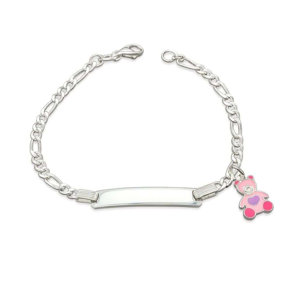 TZ259-sterling-silver-identity-style-figaro-link-bracelet-pink-teddy-charm-front-image