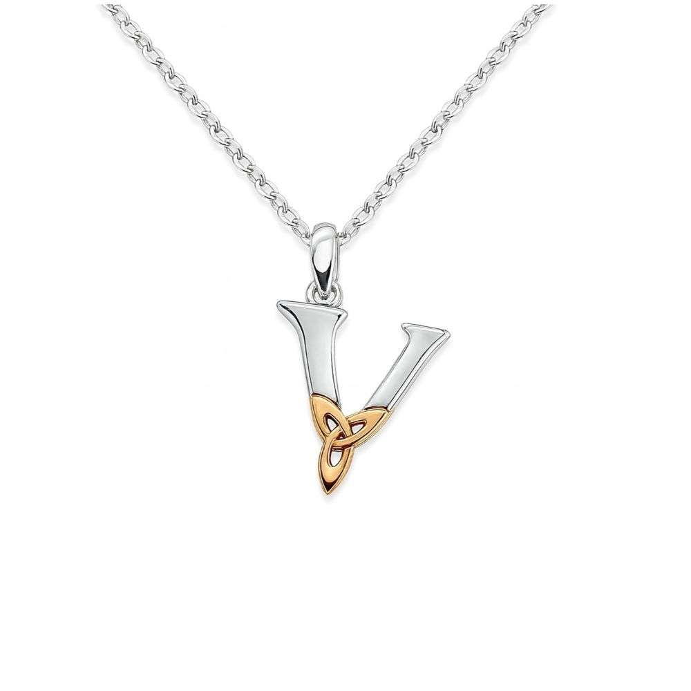 PS-01000V-Sterling-silver-trinity-knot-celtic-initial-V-pendant-and-chain-front-top-image