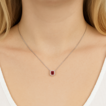 Sterling Silver Ruby Cushion CZ Pendant And Chain