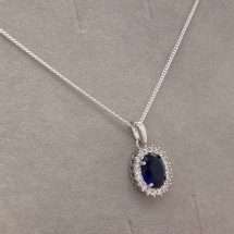 Sterling Silver Oval Sapphire CZ Cluster Pendant And Chain