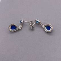 Sterling Silver Sapphire CZ Pear Halo Drop Earrings