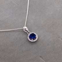 Sterling Silver Sapphire CZ Halo Pendant And Chain