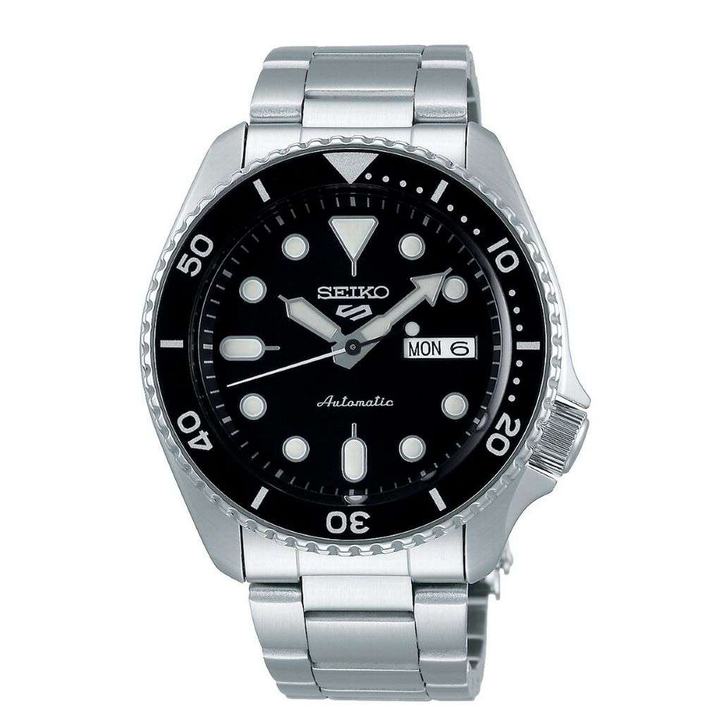 srpd55k1 seiko 5 black bezel and dial steel automatic watch front image srpd55k1 seiko 5 black bezel and dial steel automatic watch front image
