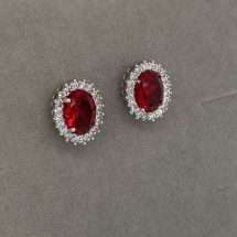 Sterling Silver Ruby CZ Oval Cluster Stud Earrings
