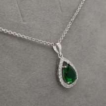 Sterling Silver Emerald CZ Pear Halo Pendant And Chain