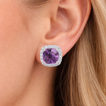 Sterling Silver Amethyst CZ Cushion Halo Stud Earrings