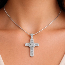 Sterling Silver Baguette CZ Cross And Chain