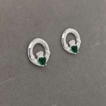 Sterling Silver Celtic Claddagh Emerald CZ Earrings