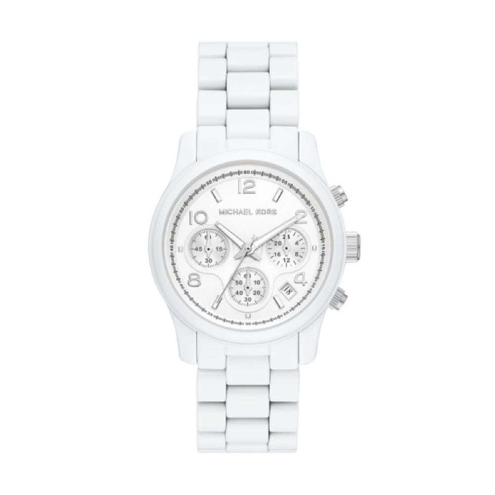 mk7331 Michael Kors Womens Runway Gloss White Steel Watch front image mk7331 Michael Kors Womens Runway Gloss White Steel Watch front image