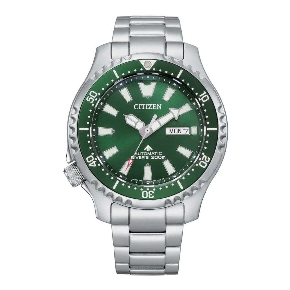 ny0151-59x Citizen Eco Drive Mens Steel Green Dial 200 Metre Watch front image ny0151-59x Citizen Eco Drive Mens Steel Green Dial 200 Metre Watch front image
