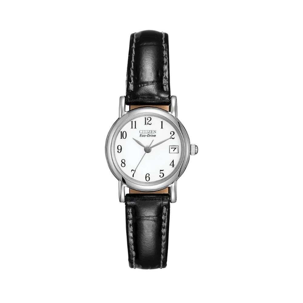 ew1270-06a Citizen Eco Drive Womens Steel Case Black Leather Watch front image ew1270-06a Citizen Eco Drive Womens Steel Case Black Leather Watch front image