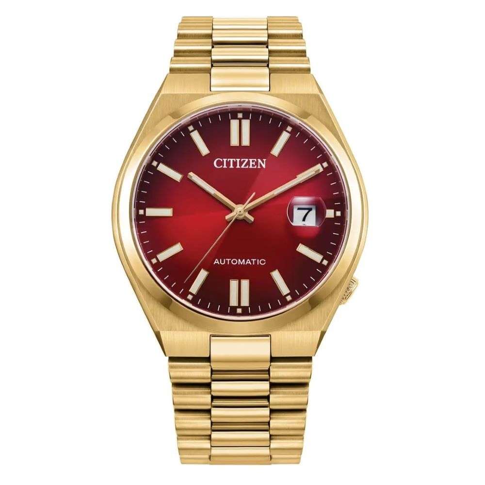NJ0153-82x citizen automatic tsuyosa gold burgundy analogue dial mens watch front image