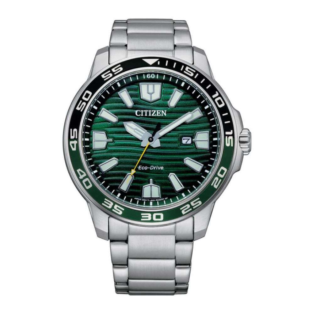 aw1526-89x citizen sport wave green dial steel bracelet front image