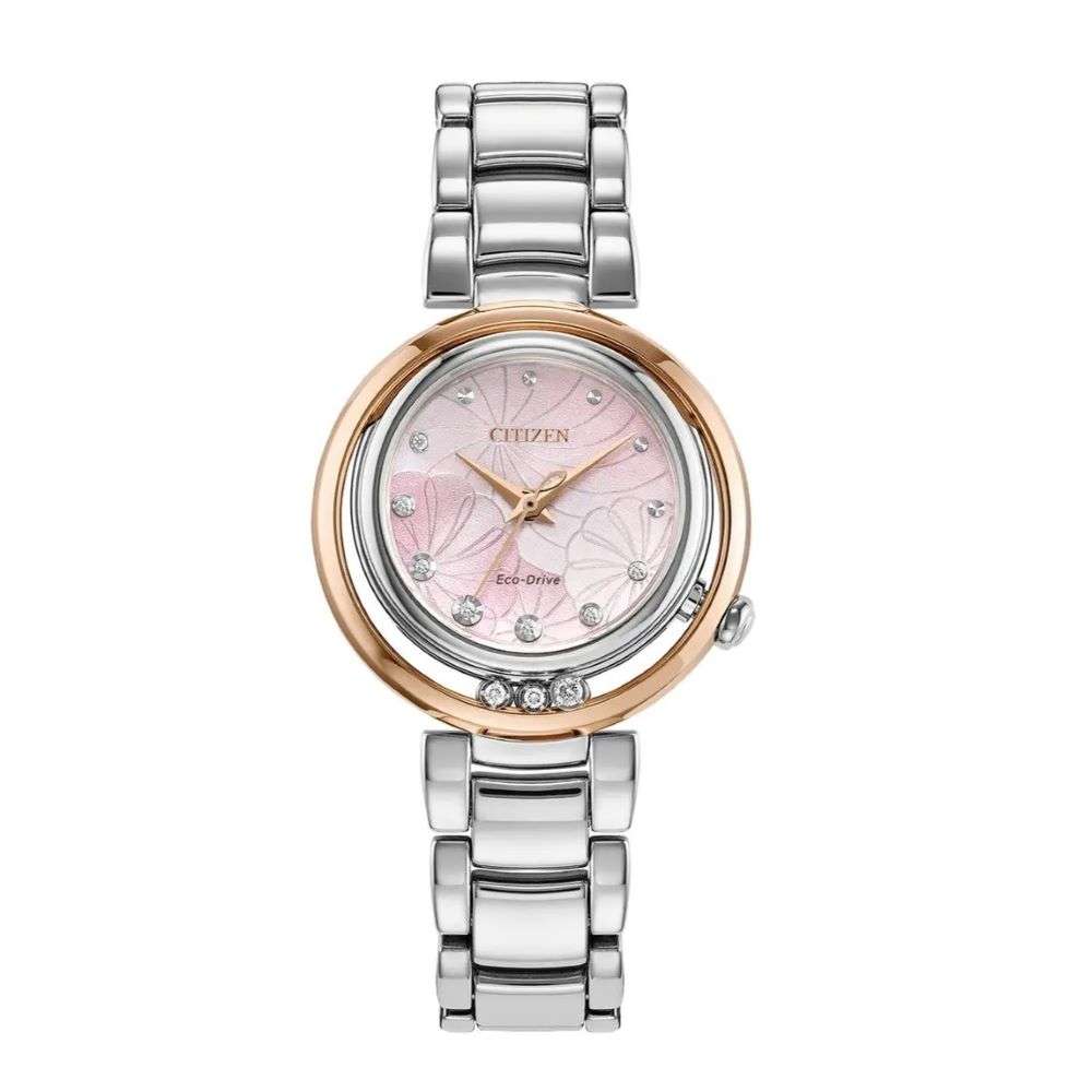 em1114-80y citizen eco drive gold steel diamond set eco drive watch front image