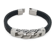 Genuine Leather Mens Steel Curb Bracelet
