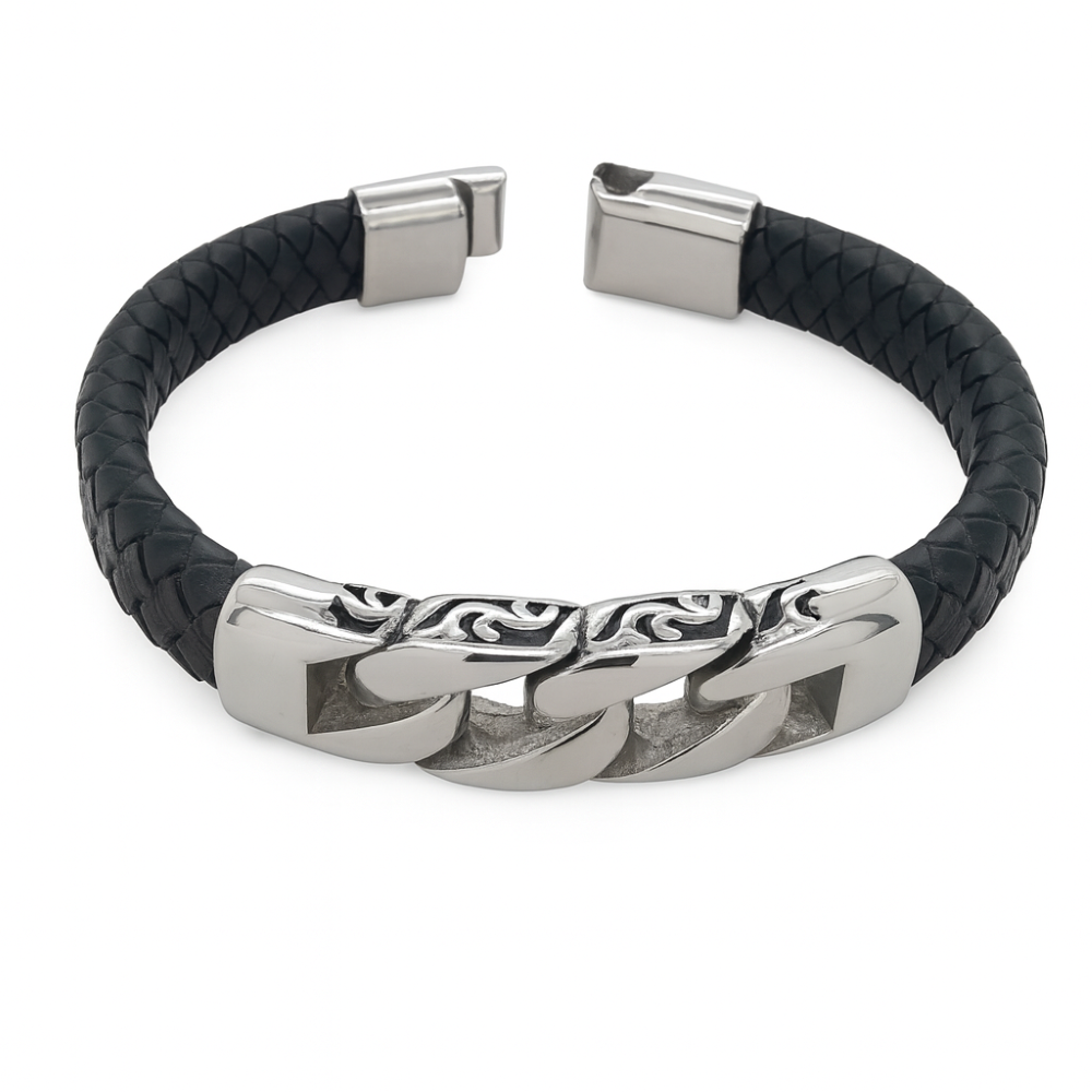 BRC180-mens-leather-curb-link-front-bracelet-clasp-open-front-image
