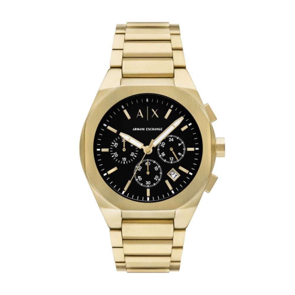 AX4180 Armani Exchange Rafael Gold Bracelet Black Chronograph Dial Watch front image AX4180 Armani Exchange Rafael Gold Bracelet Black Chronograph Dial Watch front image