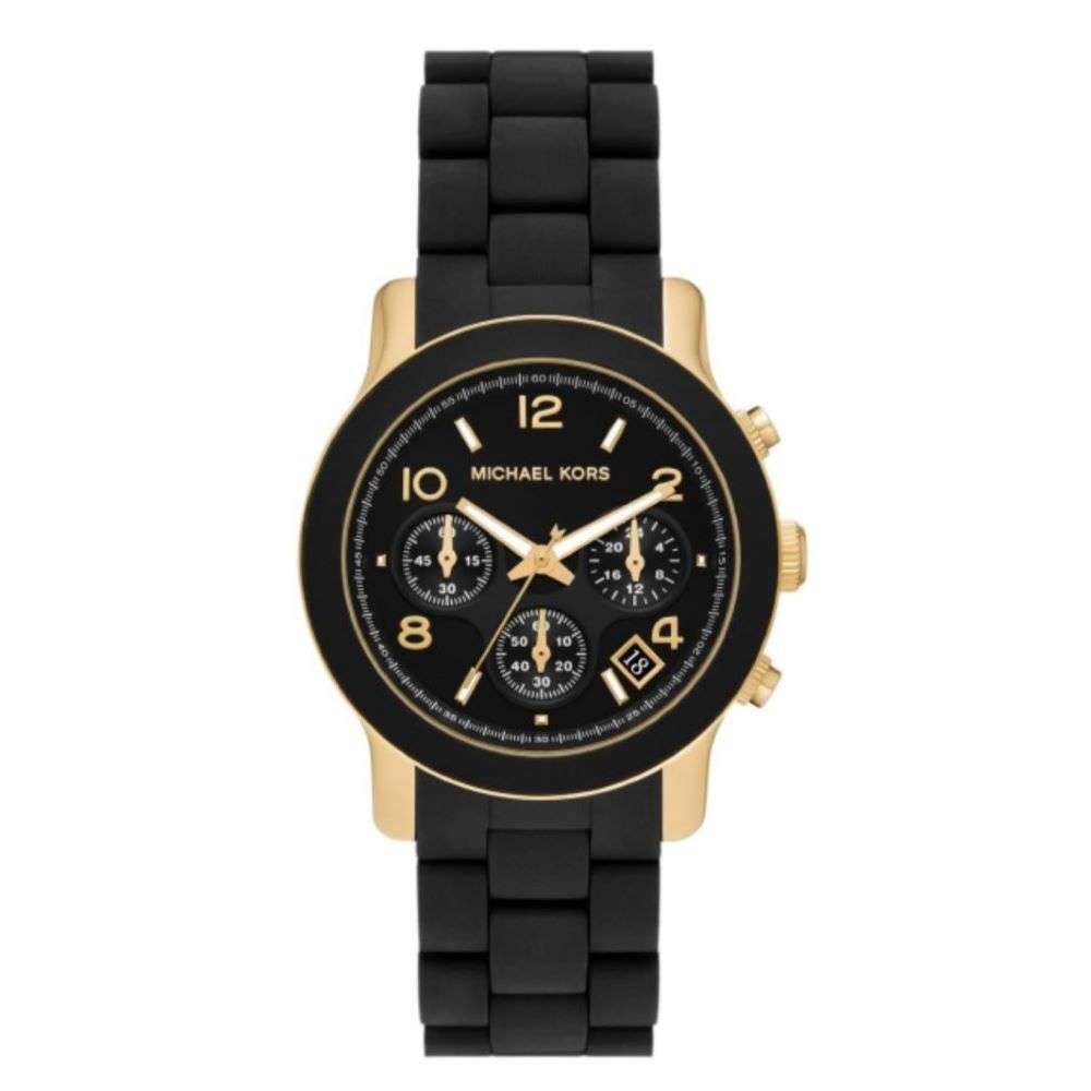 MK7385-michael-kors-ladies-gold-plated-black-resin-rubber-strap-watch-front-image