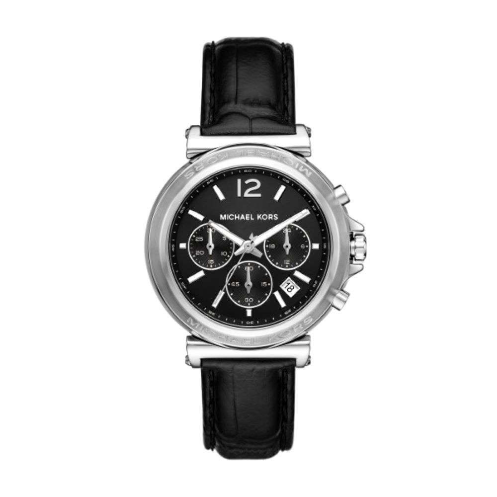 MK7499 michael kors maren steel case black leather strap watch front image