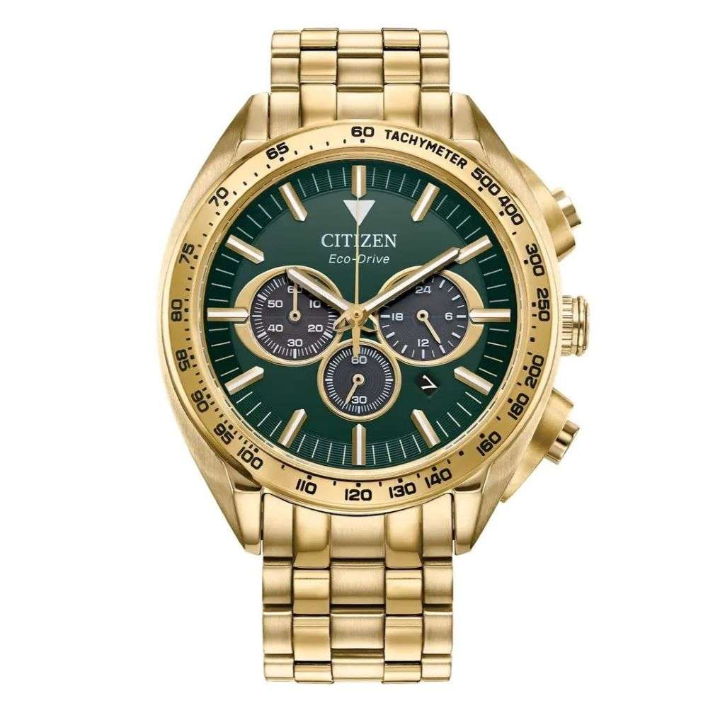 ca4542-59x-citizen-eco-drive-mans-gold-plated-green-dial-chronograph-watch-front-image ca4542-59x-citizen-eco-drive-mans-gold-plated-green-dial-chronograph-watch-front-image