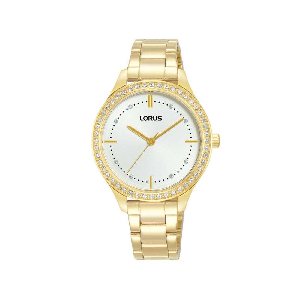 rg232xx9 lorus ladies gold plated cz set bezel analogue watch front image