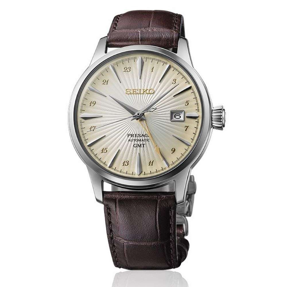 ssk041j1 seiko presage GMT automatic cocktail time acasia watch front image ssk041j1 seiko presage GMT automatic cocktail time acasia watch front image