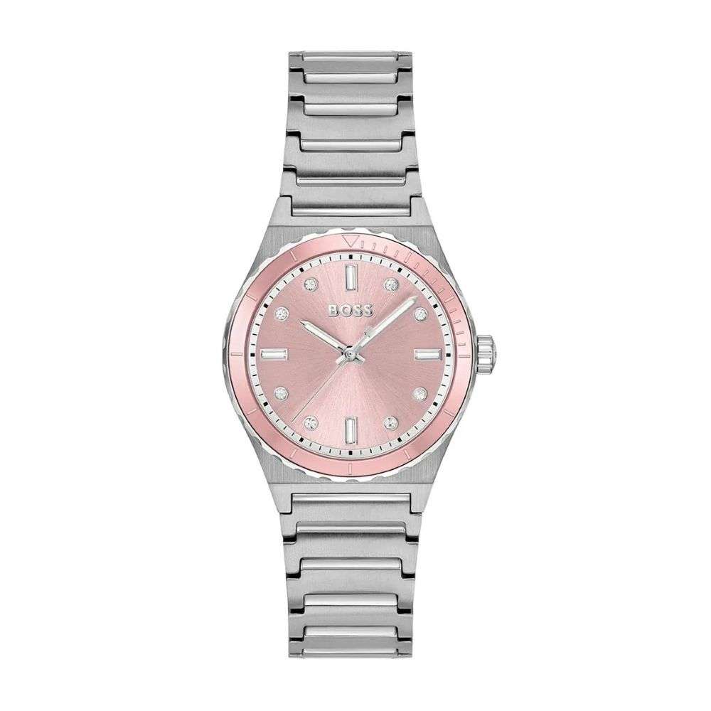 1502788 Boss steel pink cz set analogue dial ladies Lucy watch front image 1502788 Boss steel pink cz set analogue dial ladies Lucy watch front image