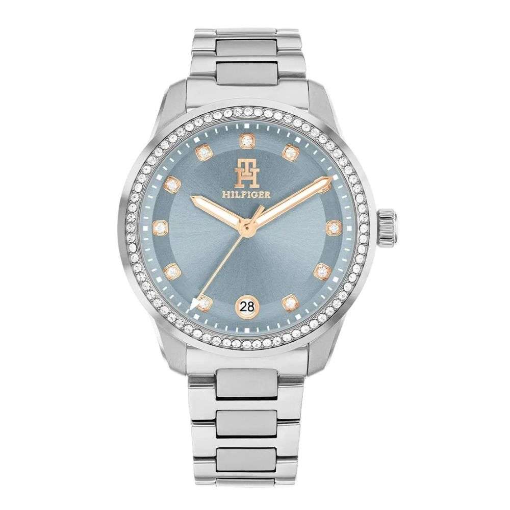 1782795 Tommy Hilfiger Womens TH85 steel sky blue cz bezel dial watch front image 1782795 Tommy Hilfiger Womens TH85 steel sky blue cz bezel dial watch front image