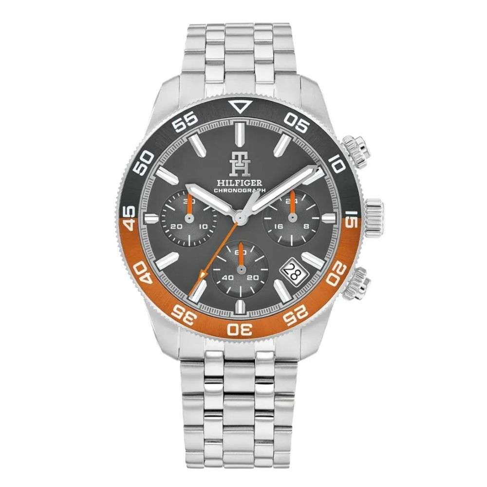 1792186 Tommy Hilfiger Mens TH85 orange and grey bezel steel watch front image