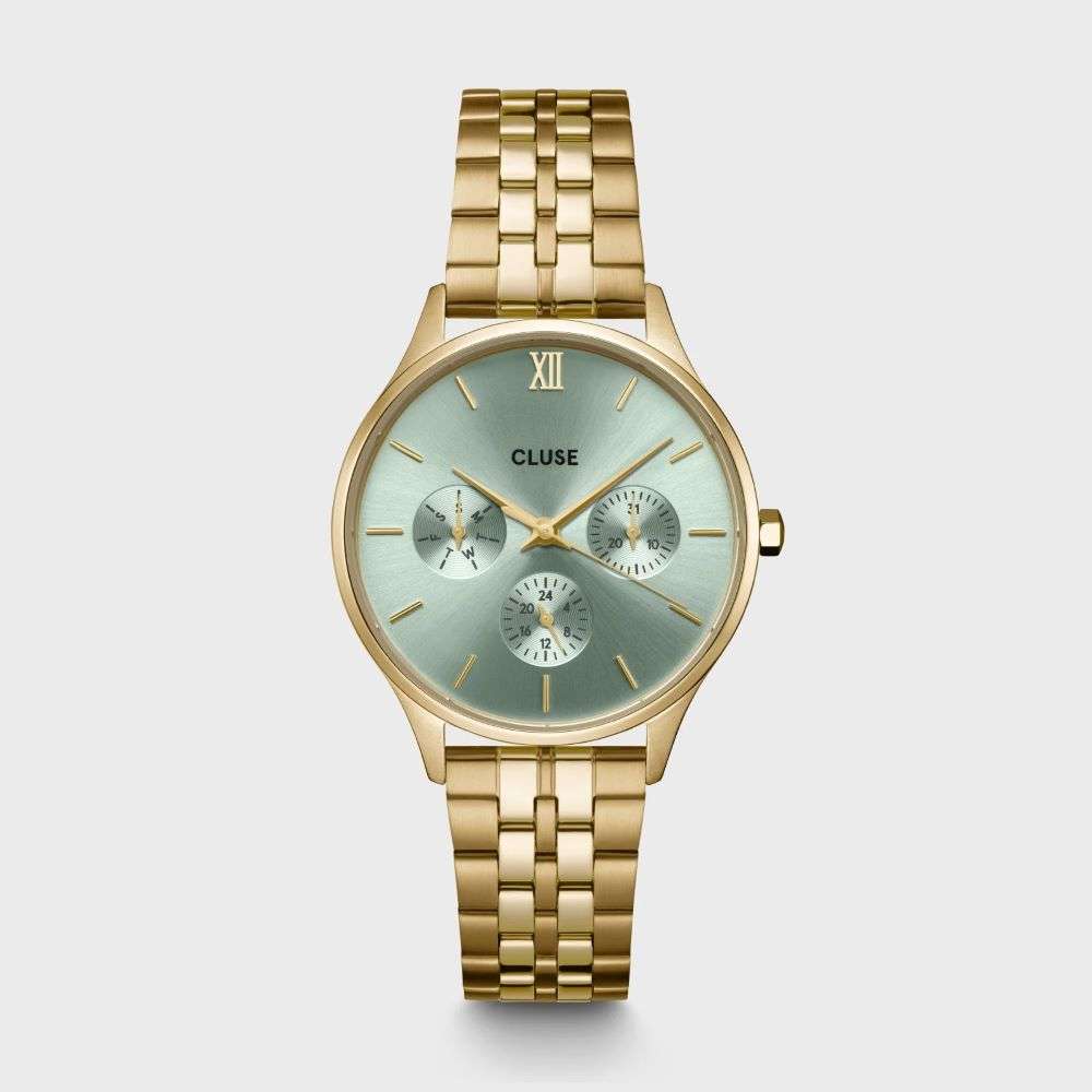 CW10709 cluse ladies Minuit Multifunction Watch Steel Sage Green Gold Colour watch front image CW10709 cluse ladies Minuit Multifunction Watch Steel Sage Green Gold Colour watch front image