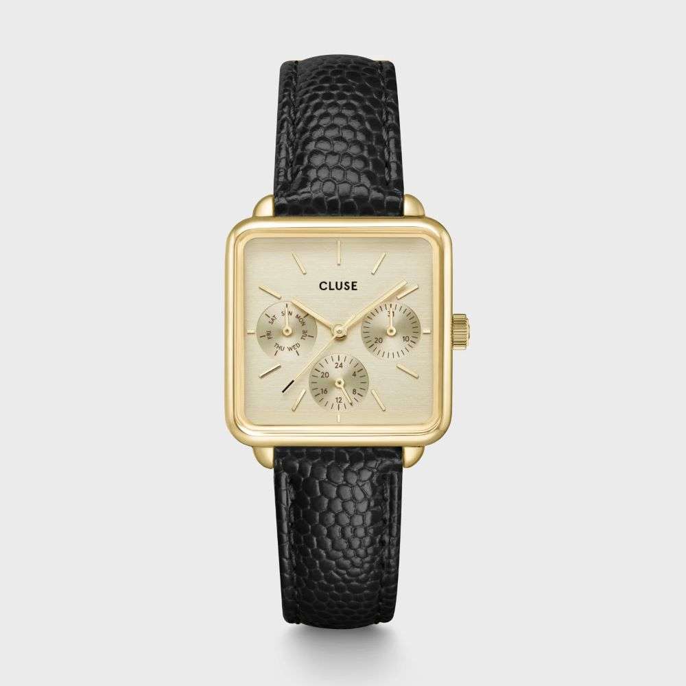 CW13806 cluse ladies La Tétragone Multifunction Watch Leather Black Lizard Gold Colour watch front image CW13806 cluse ladies La Tétragone Multifunction Watch Leather Black Lizard Gold Colour watch front image