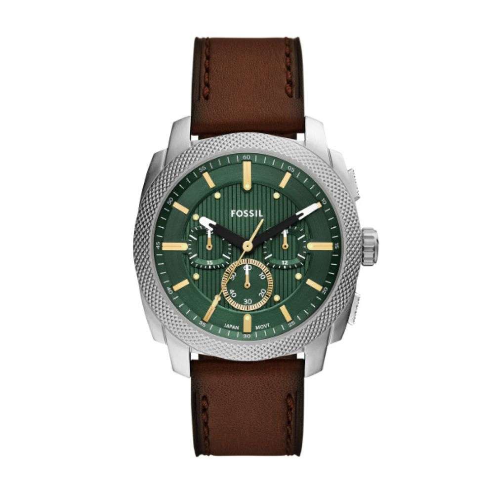 FS6100 Fossil mens green dial steel case leather strap watch front image FS6100 Fossil mens green dial steel case leather strap watch front image