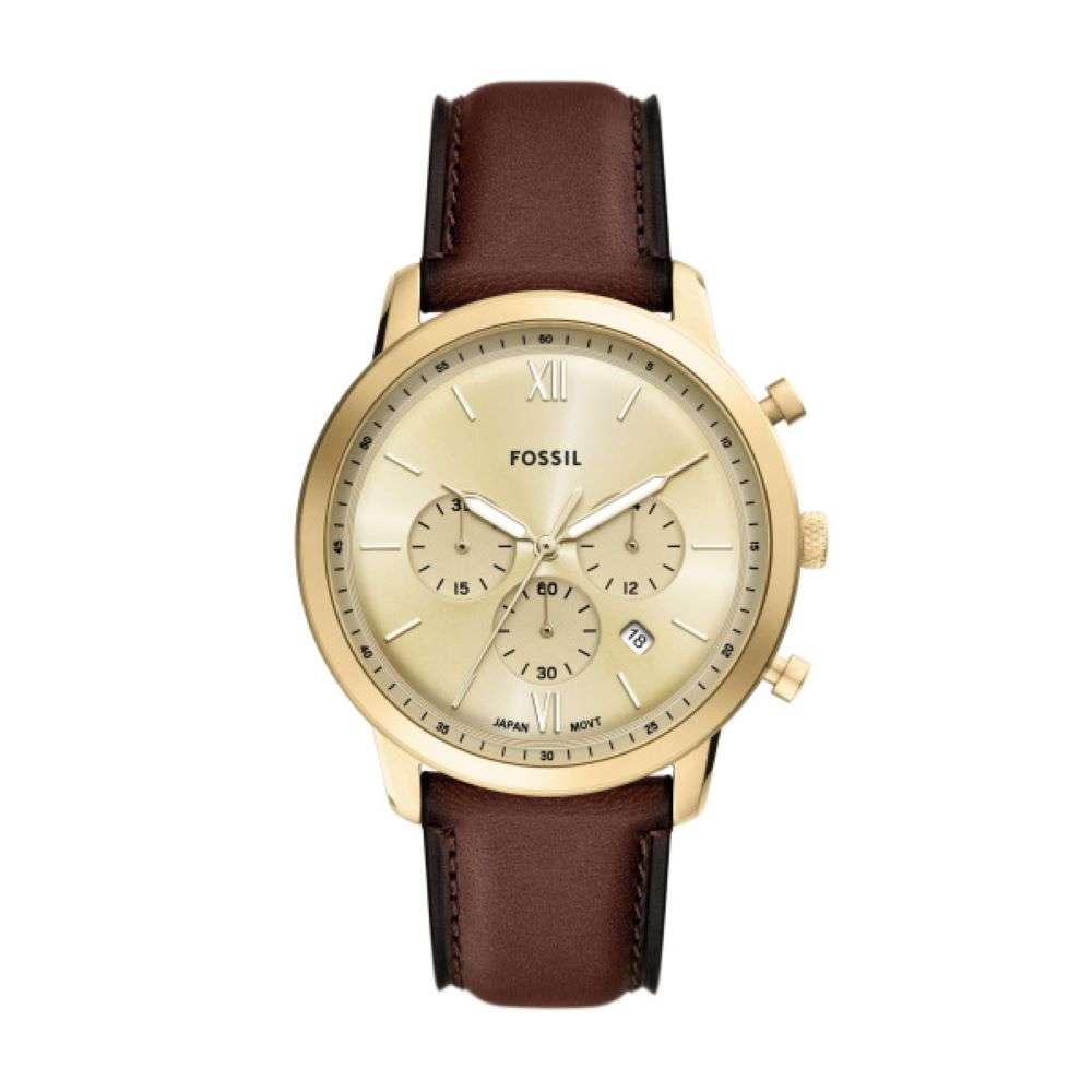 FS6113 Fossil Mens Neutra gold case chrono leather strap watch front image FS6113 Fossil Mens Neutra gold case chrono leather strap watch front image