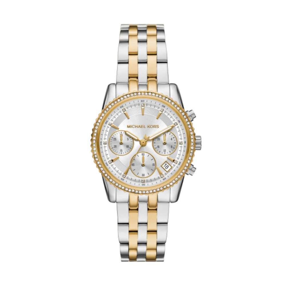 MK7532 Michael Kors ladies mini ritz gold steel chrono bracelet watch front image