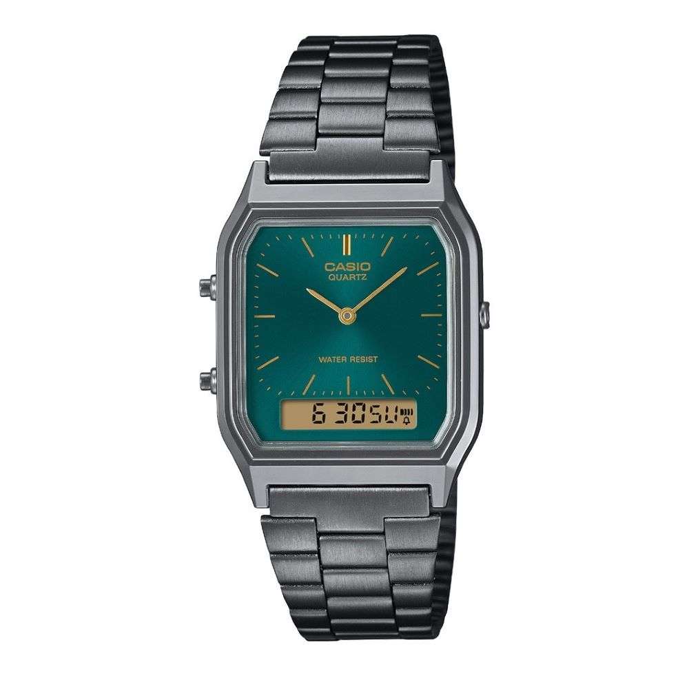 aq-230egg-3aef casio unisex vintage dual dial green dark metal bracelet watch front image aq-230egg-3aef casio unisex vintage dual dial green dark metal bracelet watch front image