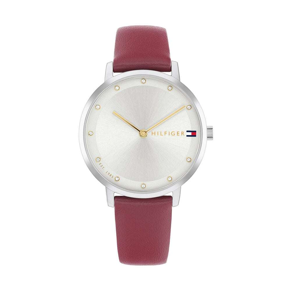 1782763-tommy-hilfiger-womens-steel-case-cranberry-leather-strap-watch-front-image