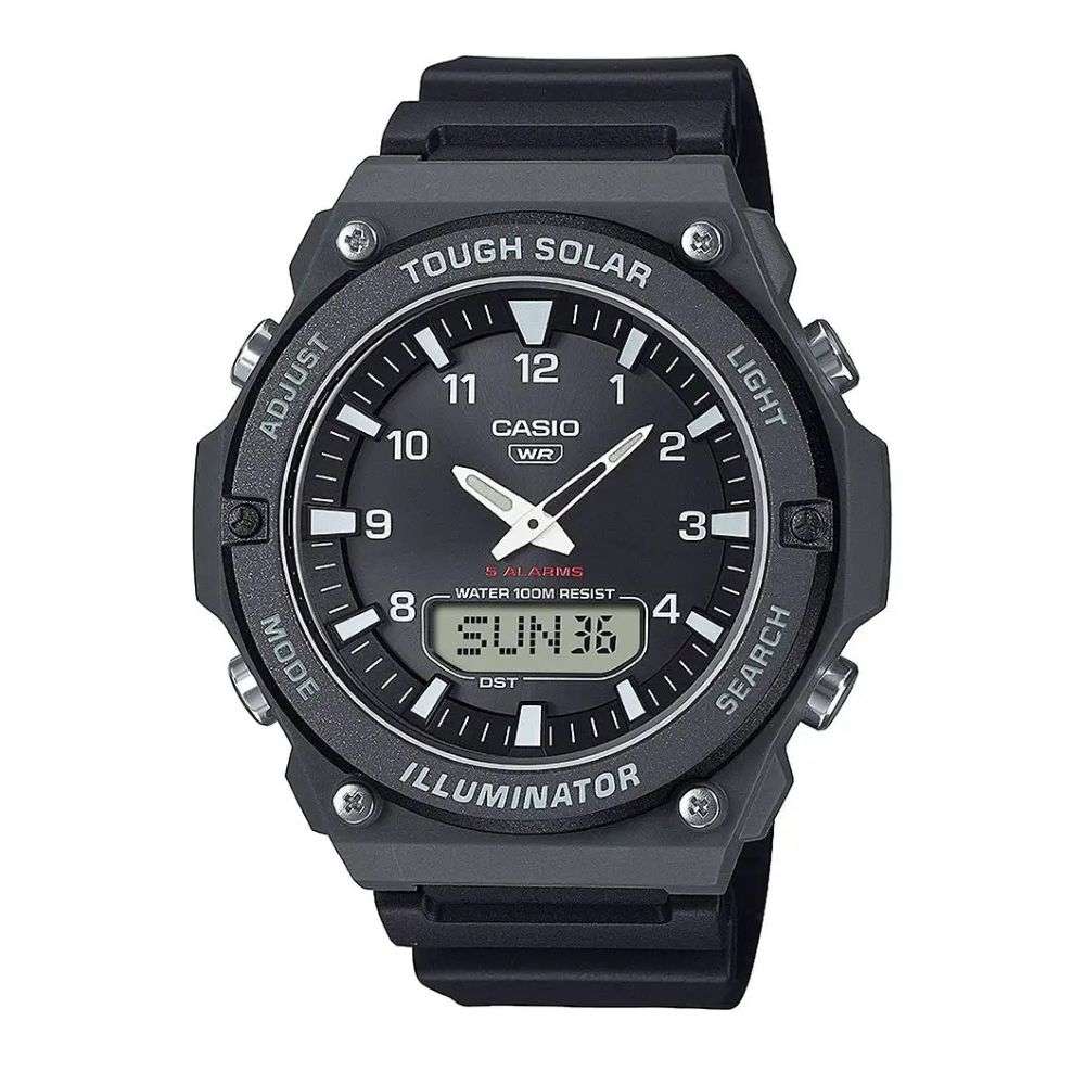 aq-s820w-1avef Casio tough solar dual time black silicon watch front image