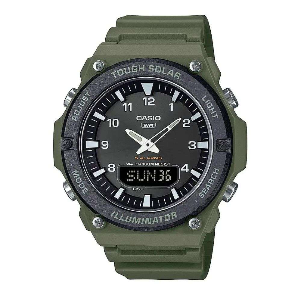 aq-s820w-3bvef Casio tough solar dual time green silicon watch front image