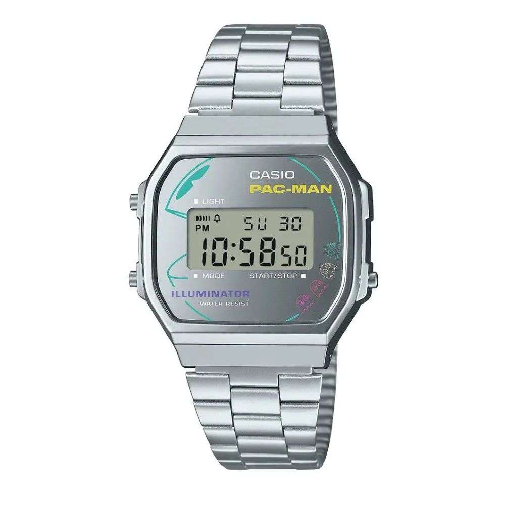 a168wepc-7aer Casio retro Pac Man limited edition steel bracelet watch front image a168wepc-7aer Casio retro Pac Man limited edition steel bracelet watch front image