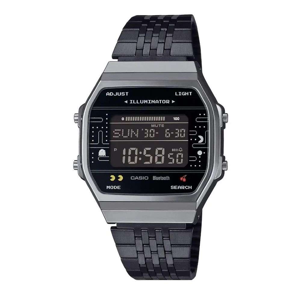abl-100wepc-1ber Casio Pac Man black metal limited edition bracelet watch front image abl-100wepc-1ber Casio Pac Man black metal limited edition bracelet watch front image