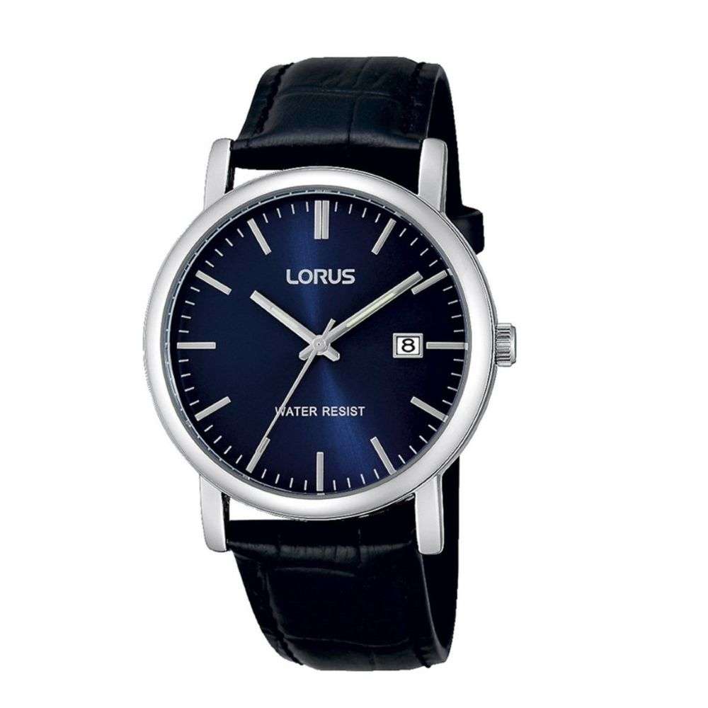 rg841cx5 Lorus steel case blue dial black leather strap watch front image rg841cx5 Lorus steel case blue dial black leather strap watch front image