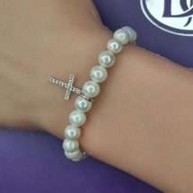 Sterling Silver Children's Pearl CZ Cross Charm Bracelet