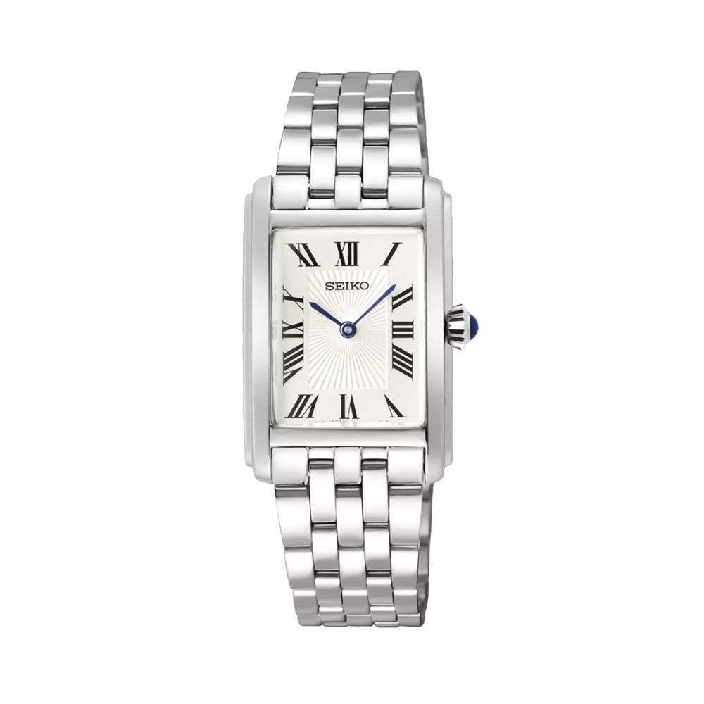 swr083p1 seiko ladies rectangle roman numerals steel watch front image swr083p1 seiko ladies rectangle roman numerals steel watch front image