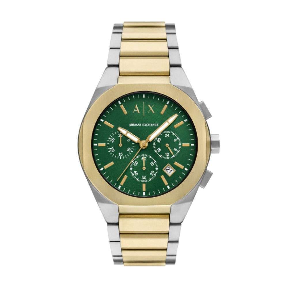 AX4184 Armani Exchange Mens Sync steel gold green chrono dial bracelet watch front image AX4184 Armani Exchange Mens Sync steel gold green chrono dial bracelet watch front image