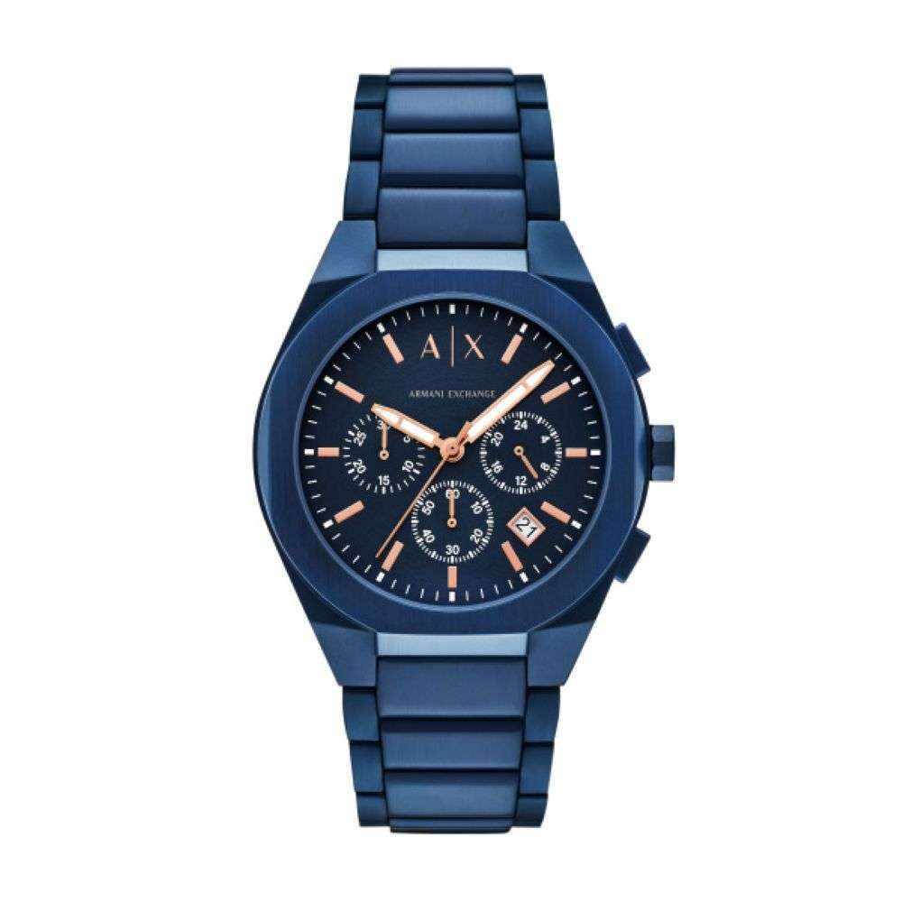 AX4189 Armani Exchange Mens Sync blue steel chrono dial bracelet watch front image AX4189 Armani Exchange Mens Sync blue steel chrono dial bracelet watch front image