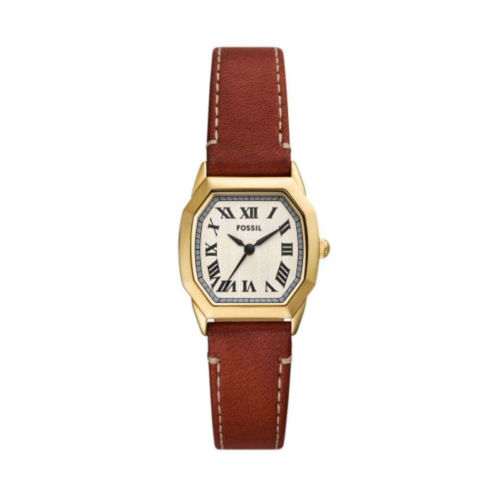 ES5364 Fossil womens Harlow gold case leather strap watch front image