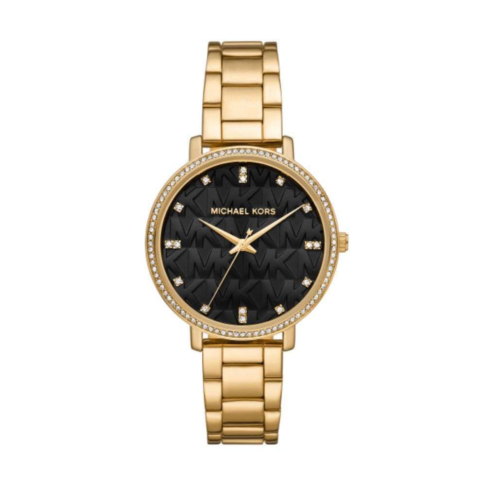 MK4916 Michael Kors womens MK initial black dial gold bracelet watch front image
